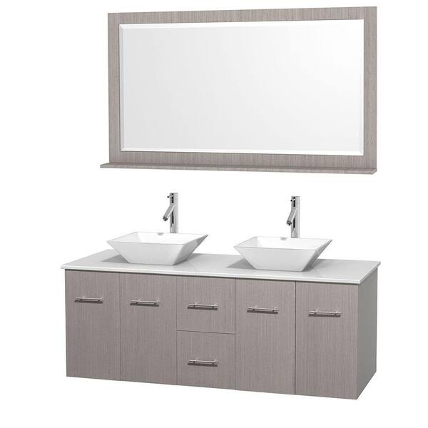 Wyndham Collection Centra 60 in. Double Vanity in Gray Oak with Solid-Surface Vanity Top in White, Porcelain Sinks and 58 in. Mirror