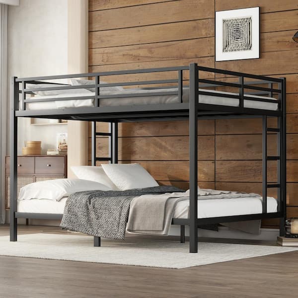 URTR Black Metal Queen Over Queen Bunk Bed with Guardrails and Ladders for Kids Teens and Adults Heavy-Duty Bunk Bed Frame
