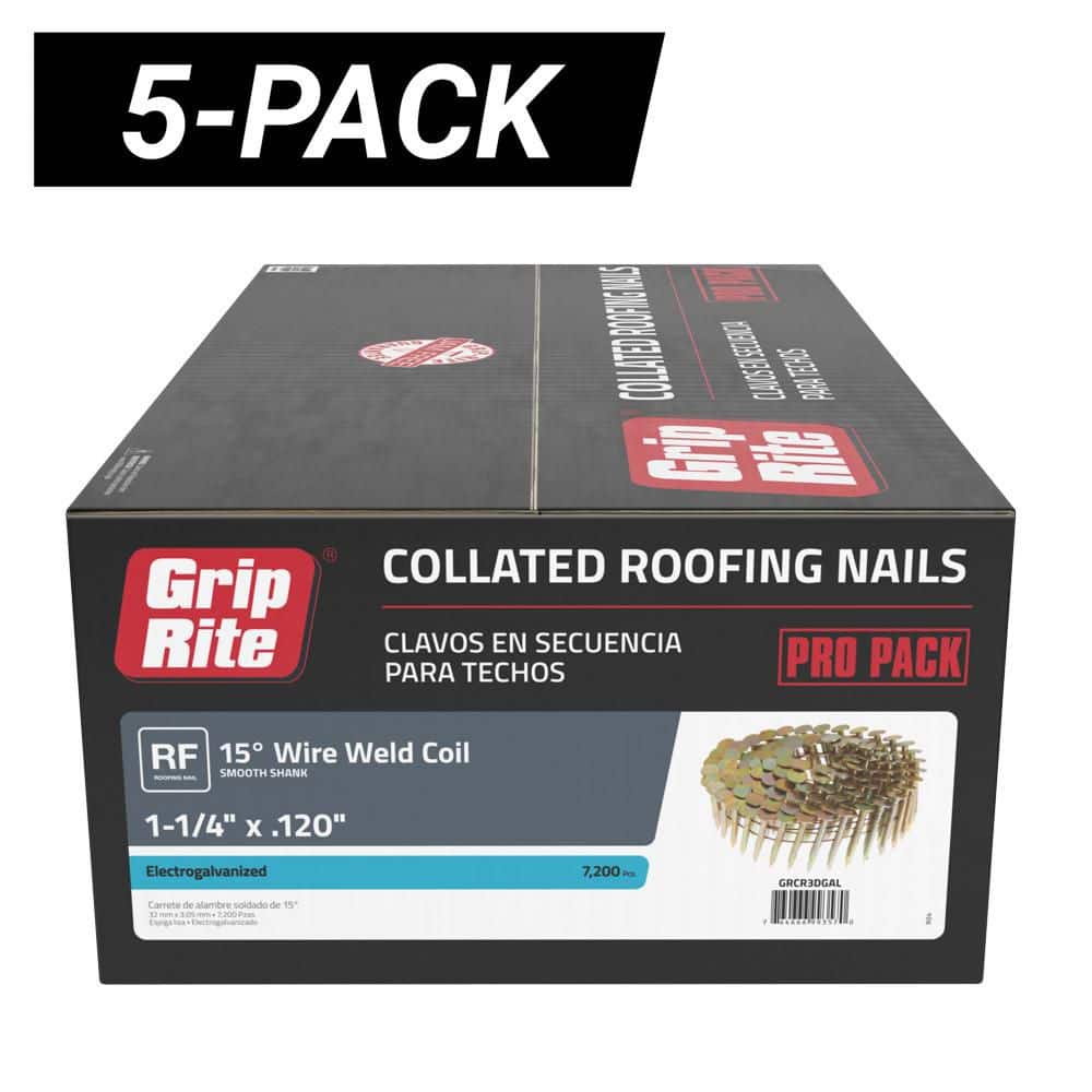 5-Pack 1-1/4 in. x 0.120 in. Gauge 15° Smooth Shank Electrogalvanized Wire Collated Coil Roofing Nails (36000/Bundle) price history on PriceWatchPro