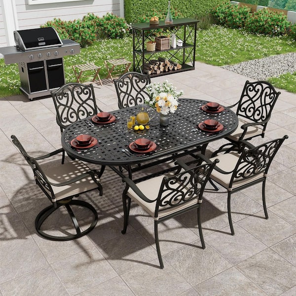 7-Piece Black Cast Aluminum Outdoor Dining Set with Grid Style Oval Table, Dining Chairs with Beige Cushions