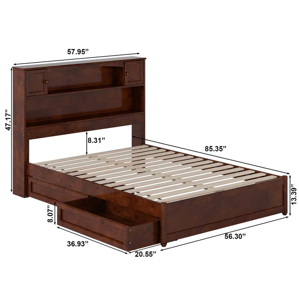 Walnut Full Wood Platform Bed with Storage Drawers and Headboard