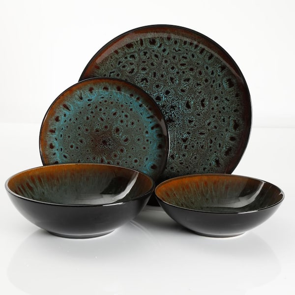 Gibson Elite Kyoto 16 Piece Asian Inspired Teal Reactive Glaze With Black And Bronze Accents Stoneware Dinnerware Set Service For 4 16r The Home Depot