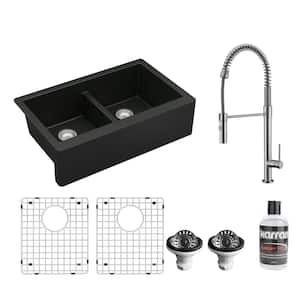 Black Quartz 34 in. 50/50 Double Bowl Farmhouse Apron Kitchen Sink with KKF220 Faucet in Stainless Steel