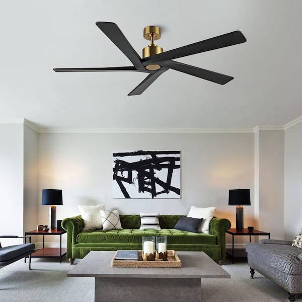 54 in. DC Indoor Brass Ceiling Fan without Lights and Remote Control, 5 Reversible Carved Solid Wood Blades