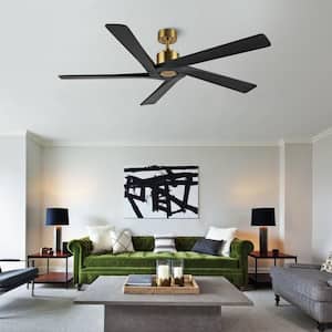 64 in. DC indoor Brass Ceiling Fan without Lights and Remote Control, 5 Reversible Carved Solid Wood Blades