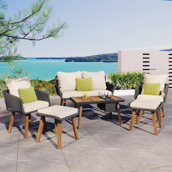 6-Piece Rope Patio Furniture Set, Outdoor Furniture with Acacia Wood Cool Bar Table, Ice Bucket and Two Stools, Beige