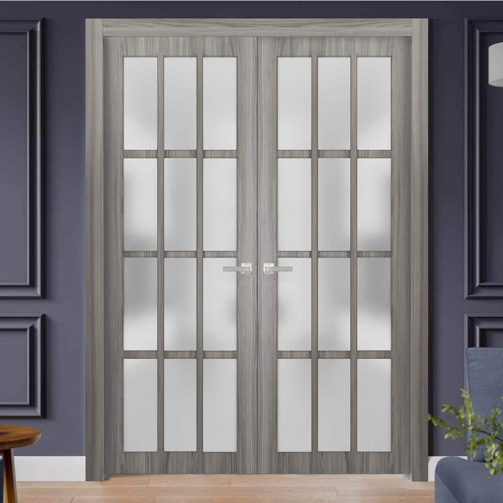 Gray Solid Pine French Double Doors with Frosted Glass