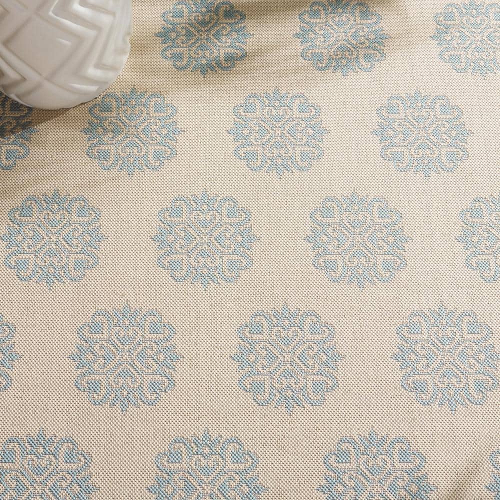 Aqua and Cream 4' x 4' Square Washable Area Rug
