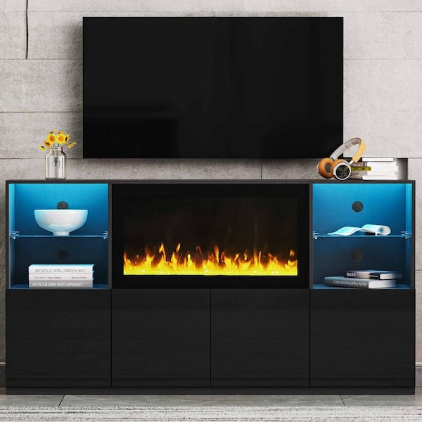 Black TV Stand Fits TV's up to 75 in. with LED Light, Media Console with Tempered Glass Shelves