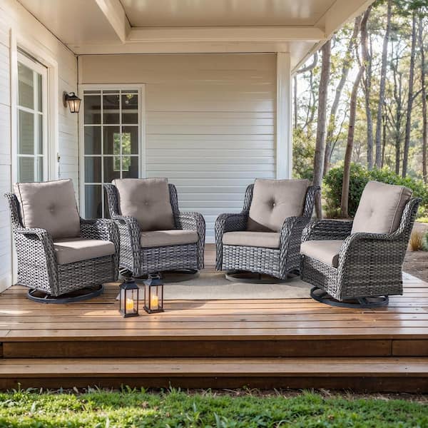 moosprr Arcline 4-Piece Gray Swivel Glider Wicker Outdoor Rocking Chair with Gray Cushions and rest