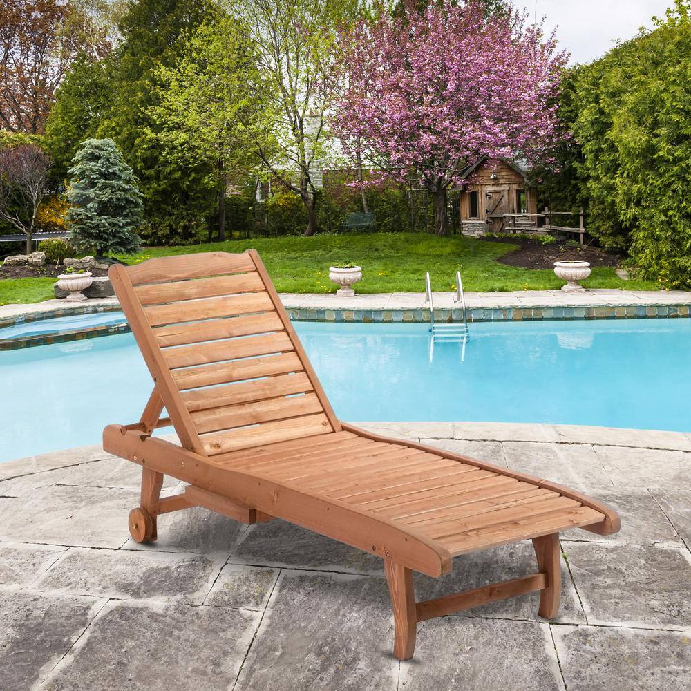 Natural Brown Wood Outdoor Chaise Lounge with Reclining Backrest