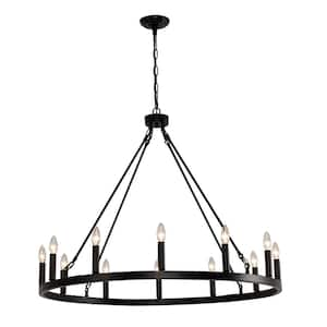 38 in. 12-Light Black Wagon Wheel Chandelier Round Wagon Wheel Outdoor Chandelier Porch Light Fixtures