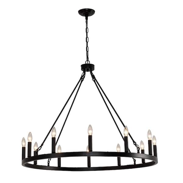 BAOURE 38 in. 12-Light Black Wagon Wheel Chandelier Round Wagon Wheel Outdoor Chandelier Porch Light Fixtures