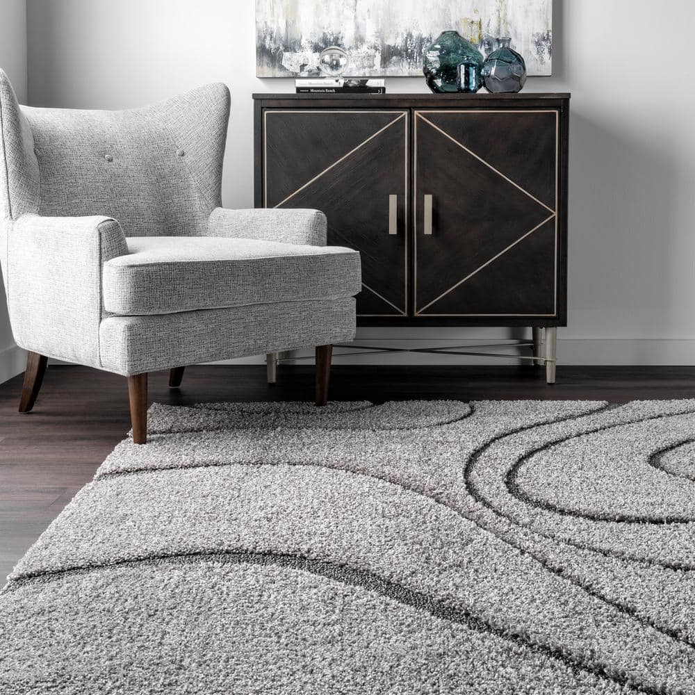 Dark Gray Abstract Pattern Shag Area Rug, 3' 3" x 5'