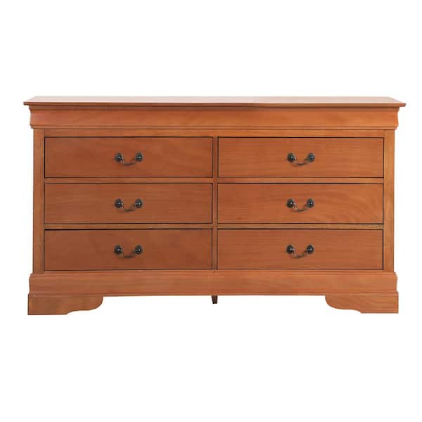 AndMakers Louis Phillipe 6-Drawer Oak Double Dresser (33 in. x 60 in. x 18 in.)