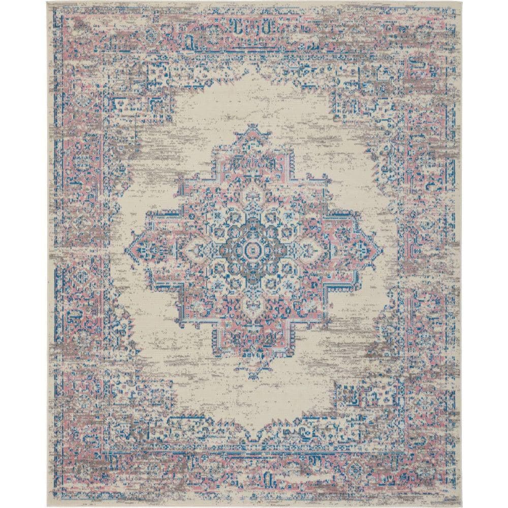 Ivory and Pink Medallion Hand-Knotted Round Area Rug, Synthetic 8'6" x 12'