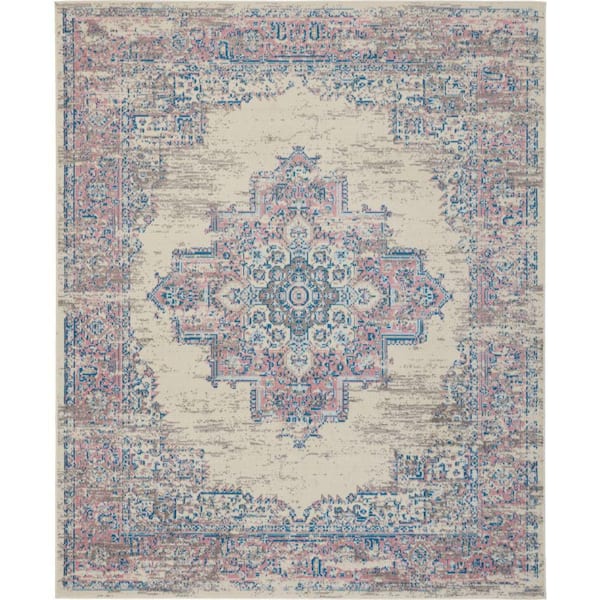 Nourison Grafix Ivory/Pink 9 ft. x 12 ft. Persian Medallion Transitional Area Rug
