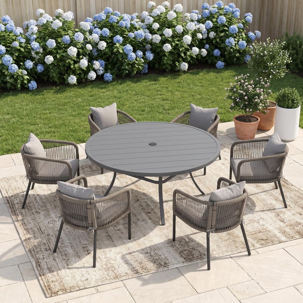 7-Piece 50 in. Gray Metal Round Slatted Patio Outdoor Dining Set with 6 Wicker Rope Chairs with Cushions in Gray price history on PriceWatchPro