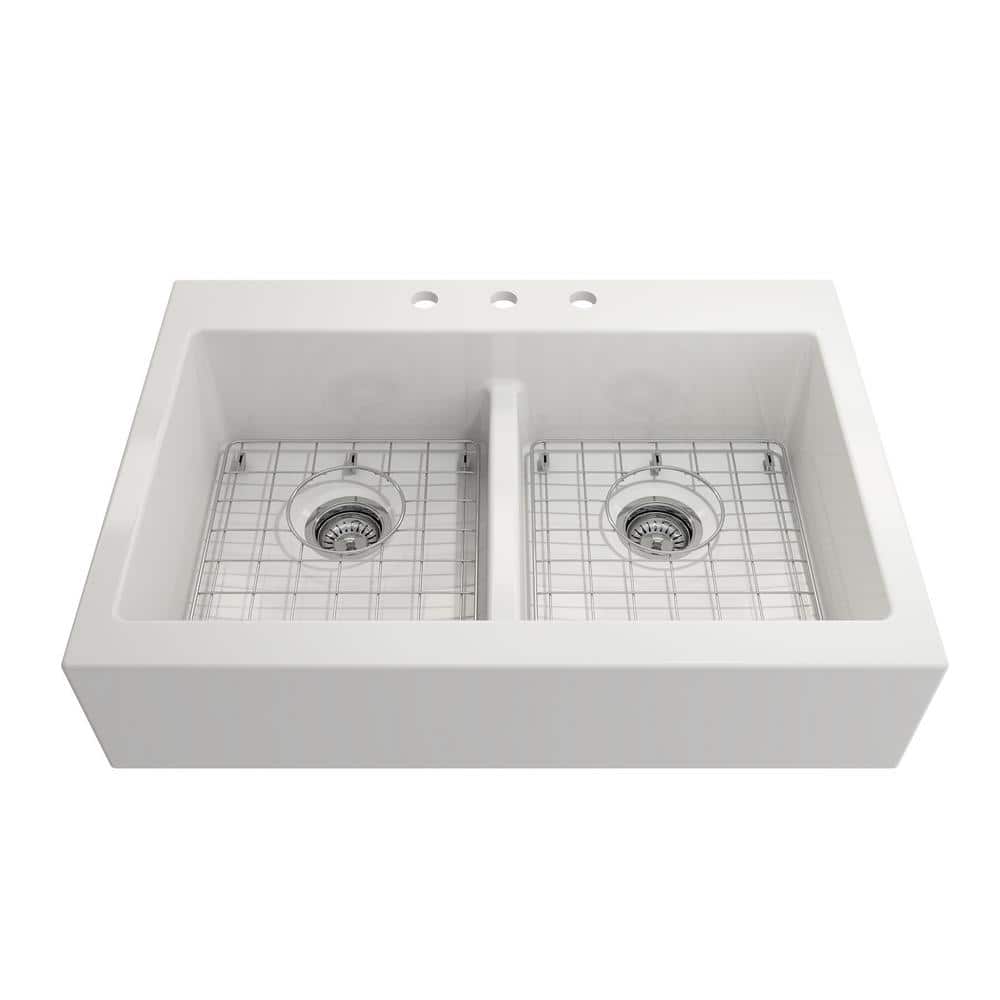 Glacier Bay 34 in. Farmhouse/ApronFront Double Bowl White Fireclay