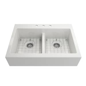 34 in. Farmhouse/Apron-Front Double Bowl White Fireclay Kitchen Sink with Bottom Grid