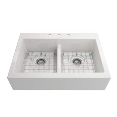 34 in. Farmhouse/Apron-Front Double Bowl White Fireclay Kitchen Sink with Bottom Grid