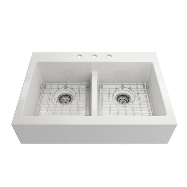 Glacier Bay 34 in. Farmhouse/Apron-Front Double Bowl White Fireclay Kitchen Sink with Bottom Grid
