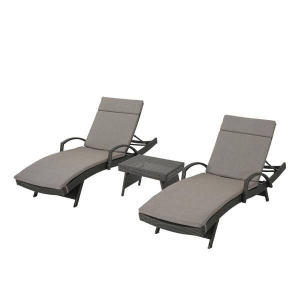 Noble House Miller Multi-Brown 3-Piece Faux Rattan Outdoor Chaise Lounge and Table Set with Charcoal Cushions