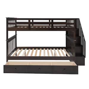 Modern Brown Wooden Stairway Full-Over-Full Bunk Bed with 3-Drawers, Storage and Guard Rail for Kids, Boys, Girls