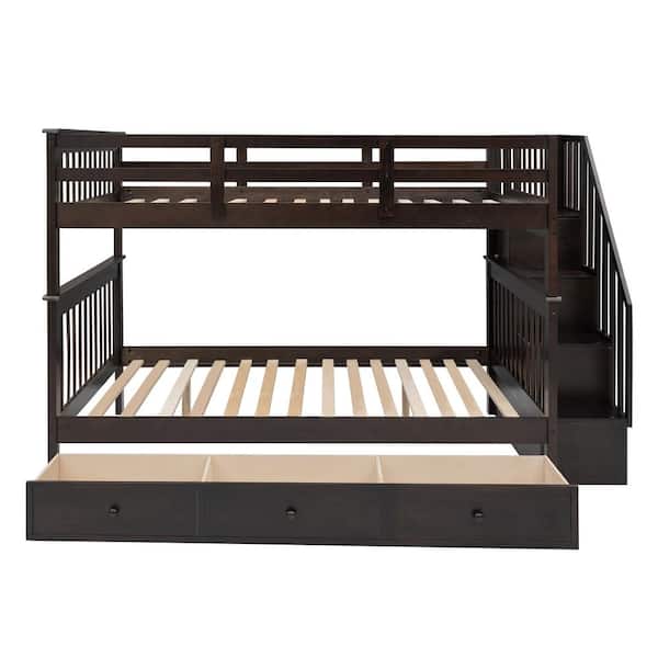 URTR Modern Brown Wooden Stairway Full-Over-Full Bunk Bed with 3-Drawers, Storage and Guard Rail for Kids, Boys, Girls