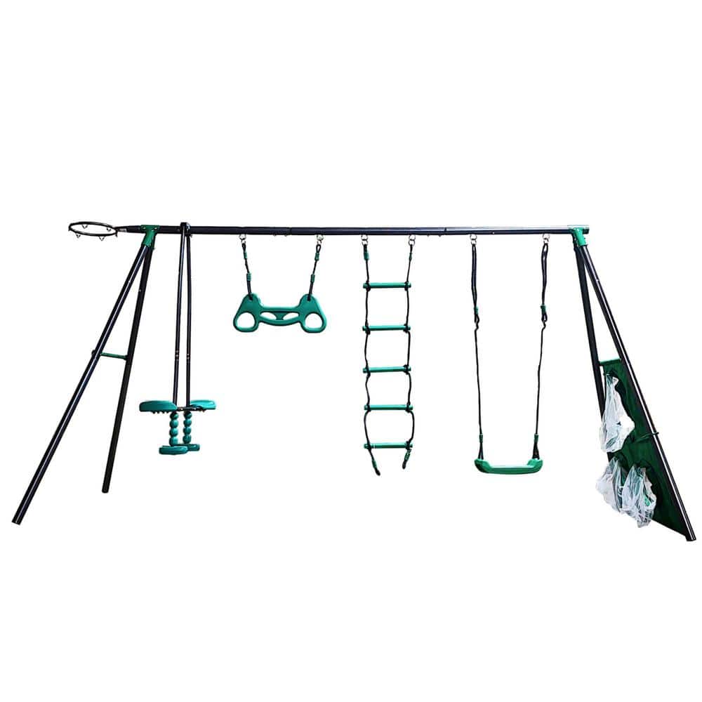 Tidoin Four Function Metal Outdoor Swing Set with Slide, Basketball
