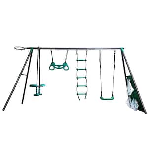 Four Function Metal Outdoor Swing Set with Slide, Basketball Hoop and Climbing Ladder
