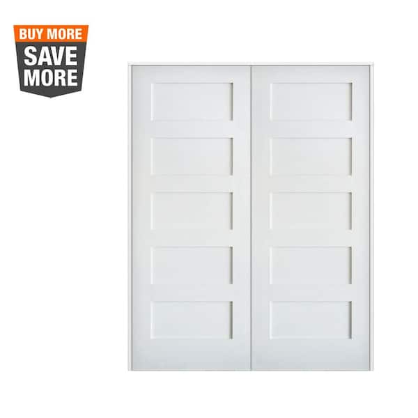 Krosswood Doors 56 in. x 80 in. Craftsman Shaker 5-Panel Both Active MDF Solid Core Primed Wood Double Prehung Interior French Door