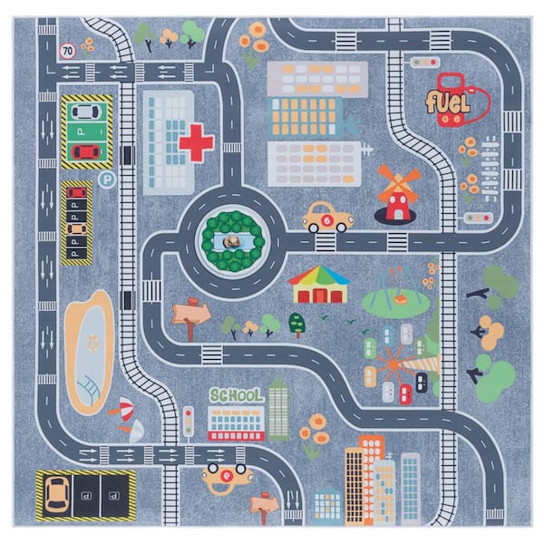 Tacoma Kids 5 ft. x 5 ft. Gray/Dark Gray Neighborhood Streets Square Area Rug