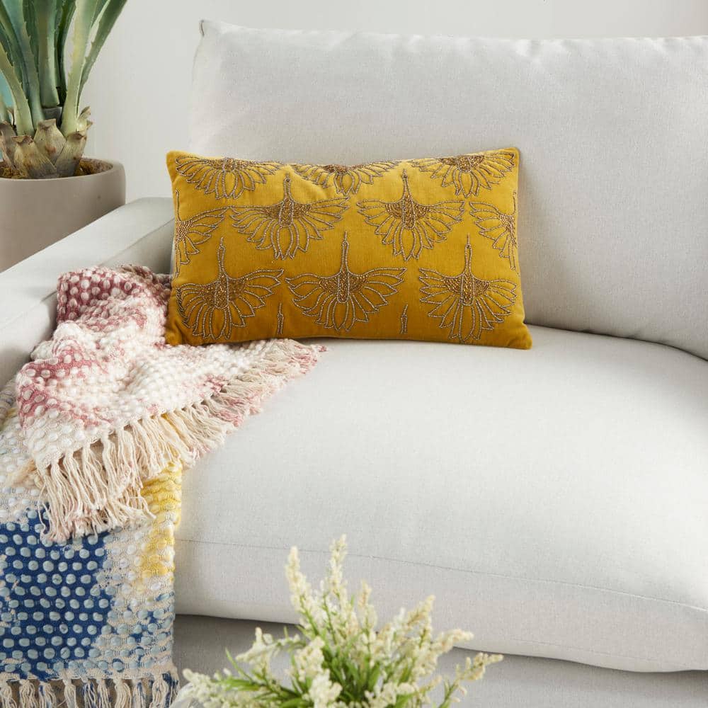 Gold Beaded Floral Cotton Lumbar Pillow 12" x 20"