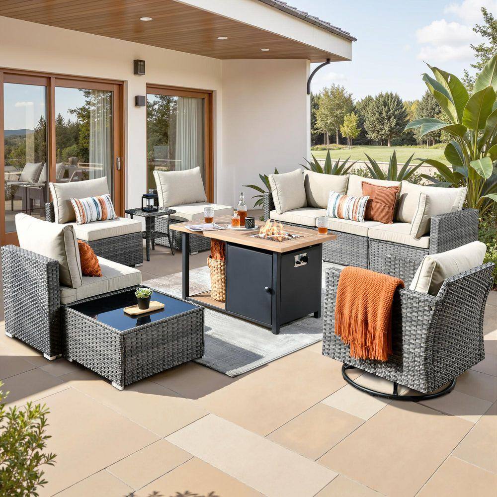 Sanibel Gray 10-Piece Wicker Patio Conversation Sofa Set with a Swivel Chair, a Storage Fire Pit and Beige Cushions