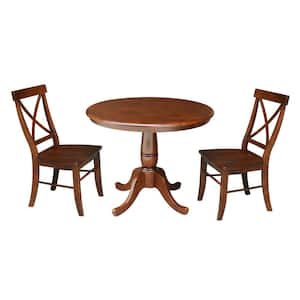 3-Piece Set, Espresso Solid Wood 36 in. Round Dining Table and 2X Back Chairs