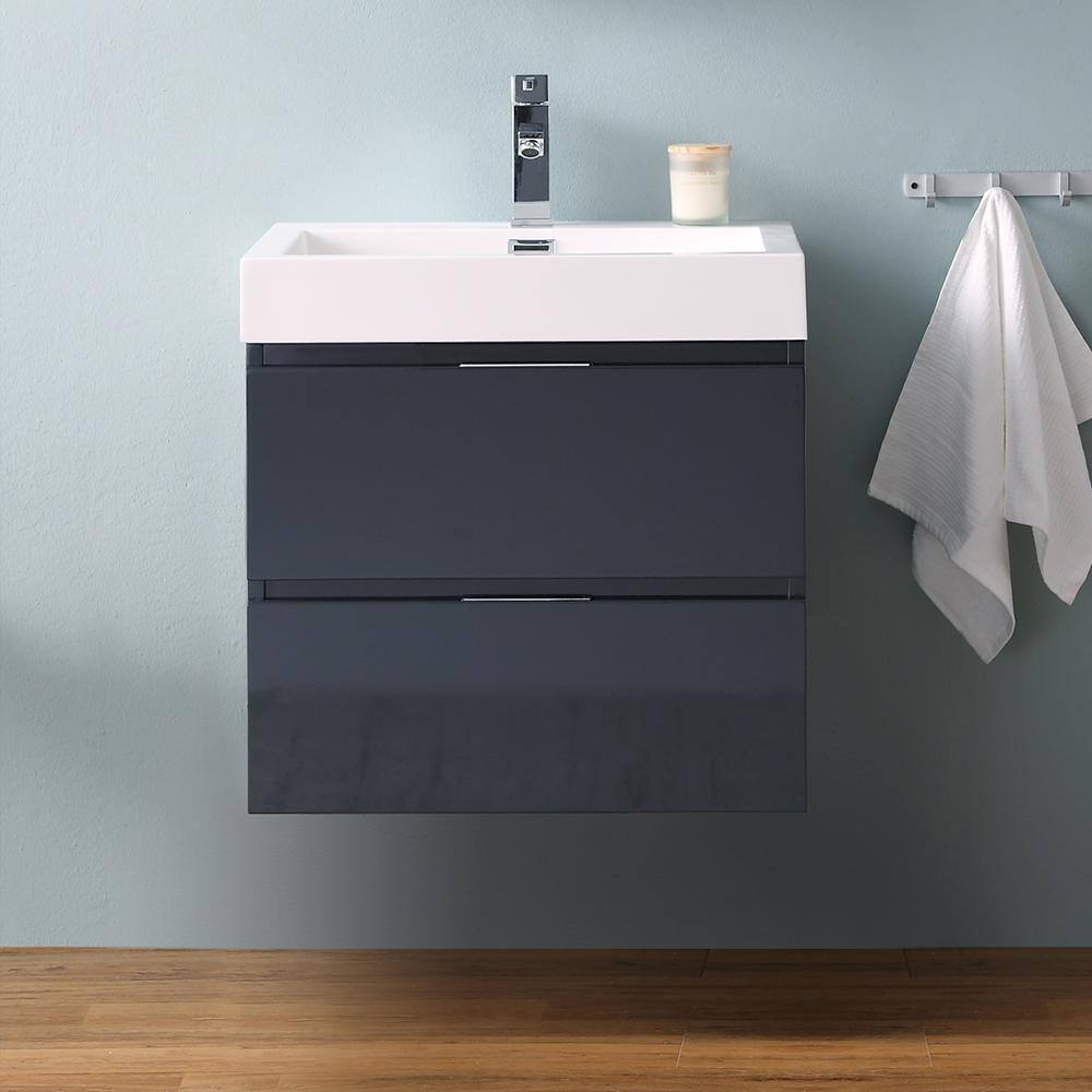 Valencia 24" Glossy Gray Wall Mount Vanity with Acrylic Sink