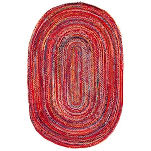 Braided Rust Multi 6 ft. x 9 ft. Solid Color Striped Oval Area Rug