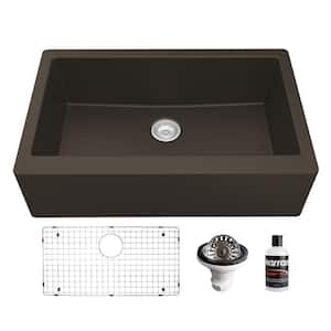 QA-740 Quartz/Granite 34 in. Single Bowl Farmhouse/Apron Front Kitchen Sink in Brown with Bottom Grid and Strainer