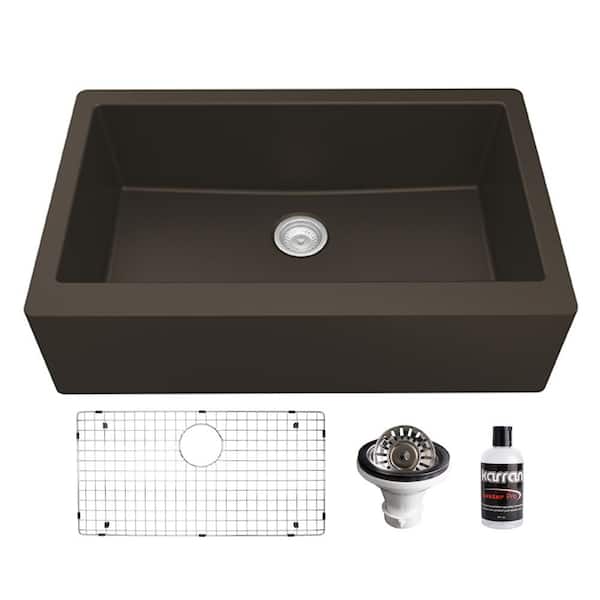Karran QA-740 Quartz/Granite 34 in. Single Bowl Farmhouse/Apron Front Kitchen Sink in Brown with Bottom Grid and Strainer