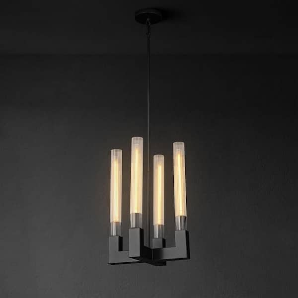 Luxury Pendant Light 12.6 in. 4-Light Black Modern Candle Style Chandelier with Glass Tube Dinning Room Kitchen Island