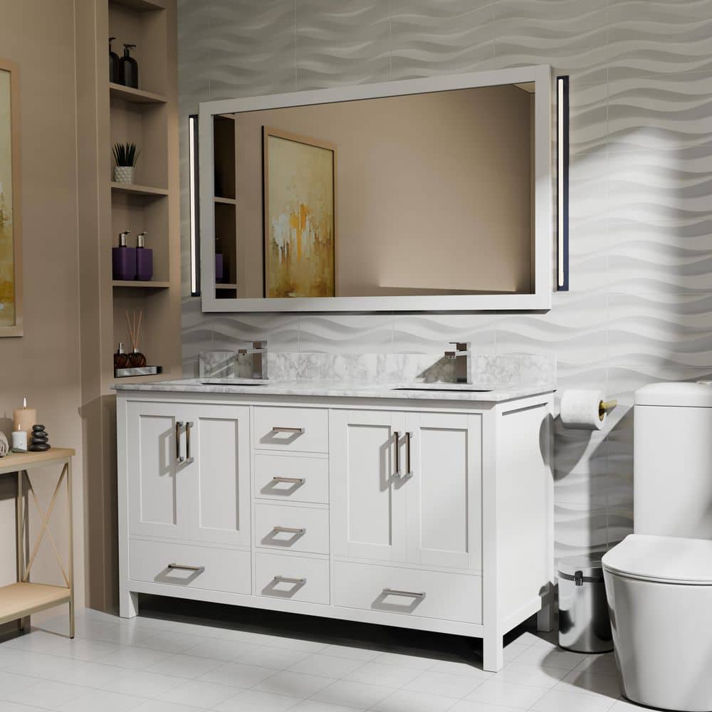 Jacques 60 in. W x 22 in. D White Double Bath Vanity, Carrara Marble Top, Faucet Set, and 58 in. Mirror price history on PriceWatchPro