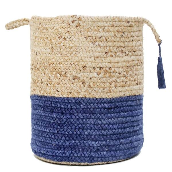 LR Home Amara Tan / Blue Two-Tone Natural Jute Woven Decorative Storage Basket with Handles