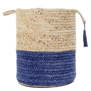 Tan / Blue Two-Tone Natural Jute Woven Decorative Storage Basket with Handles