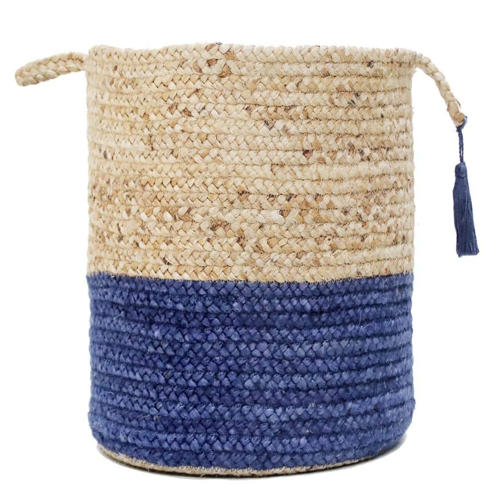 Amara Tan / Blue Two-Tone Natural Jute Woven Decorative Storage Basket with