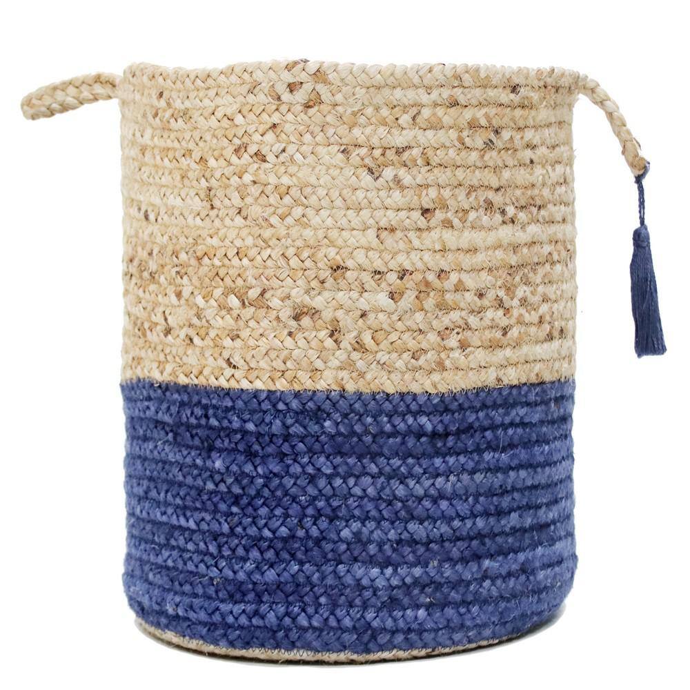 Handmade Round Tan and Sapphire Blue Jute Storage Basket with Loop Handles