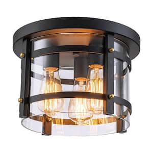 12 in. 3-Light Black Flush Mount with Gold Accent and Clear Glass Shade, No Bulbs Included