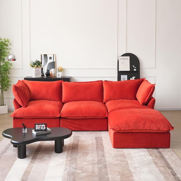 122.5 in. Flared Arm 4-piece Velvet L Shaped Modular Free Combination Sectional Sofa with Reversible Red