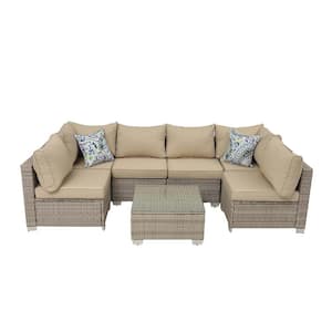 Gray 7-Piece Wicker Outdoor Sectional Set with Glass Table and Gray Cushions