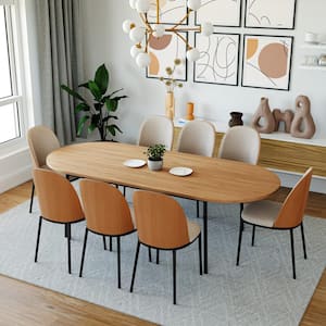 Tule 9-Piece Dining Set in Black Steel with 8 Velvet Seat Dining Chairs and 83 in. Oval Dining Table, Natural Wood/Beige